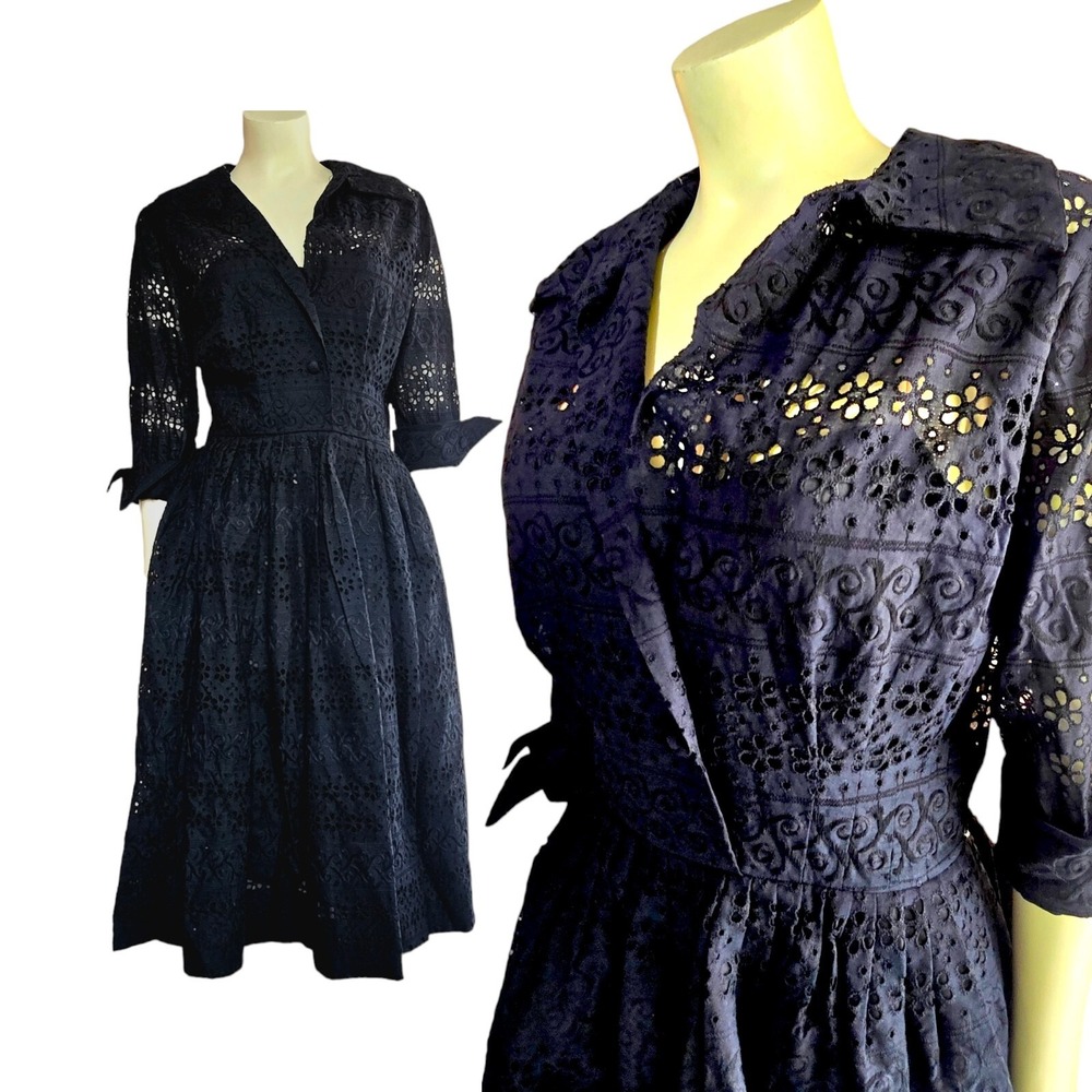 vintage 50s 60s black‎ eyelet classic full skirt midi tea dress S/M lined